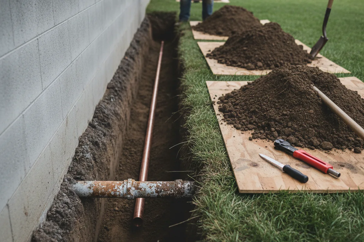 Excavated water line trench during Sewer Line Repair in Jasper